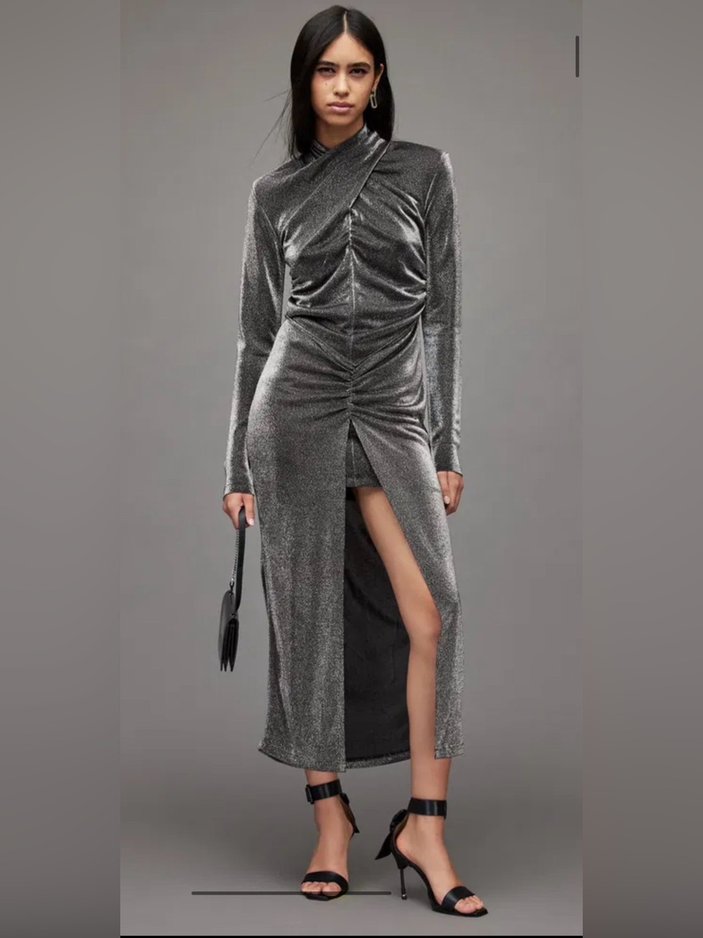All Saints Silver Metallic Ayla High Neck Maxi Modern Party Dress 6 - Picture 2 of 14